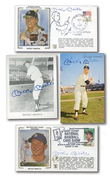 MICKEY MANTLE SIGNED LOT OF (4) INCL. 1953 DORMAND POSTCARD, (2) FDC CACHETS, AND 4x5 PLAYER-PACK PHOTO
